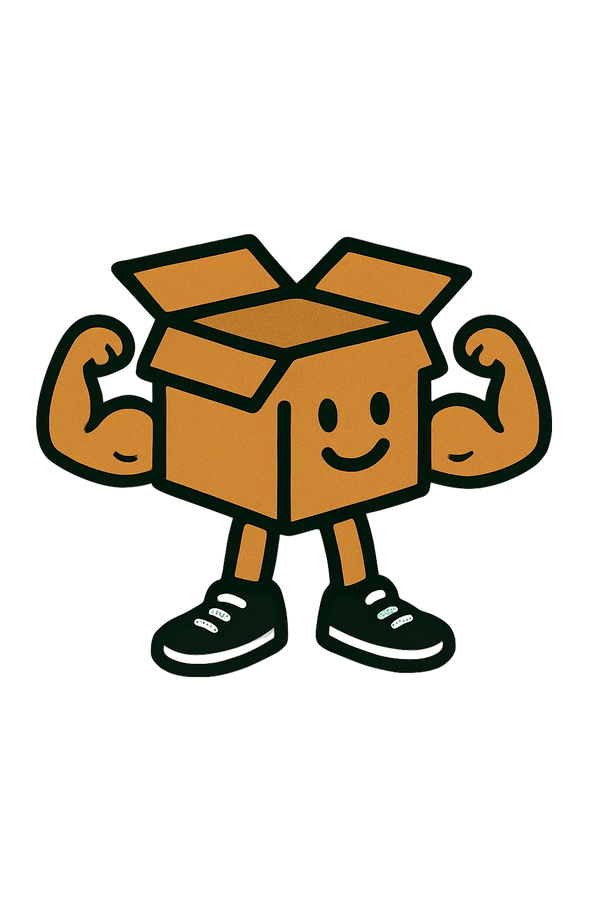 A cartoon-style orange-brown cardboard box character with open top, smiling face, flexed arms, and black sneakers on a plain white background.